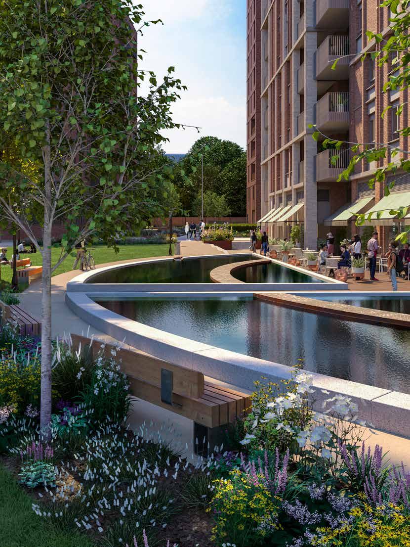 The water feature and landscaped gardens at Alexandra Gate